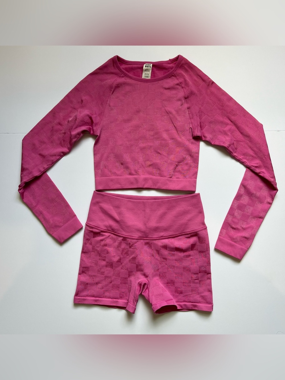 Joy Lab Hot Pink Workout Set | Long Sleeve Crop Top + Biker Short | Size M